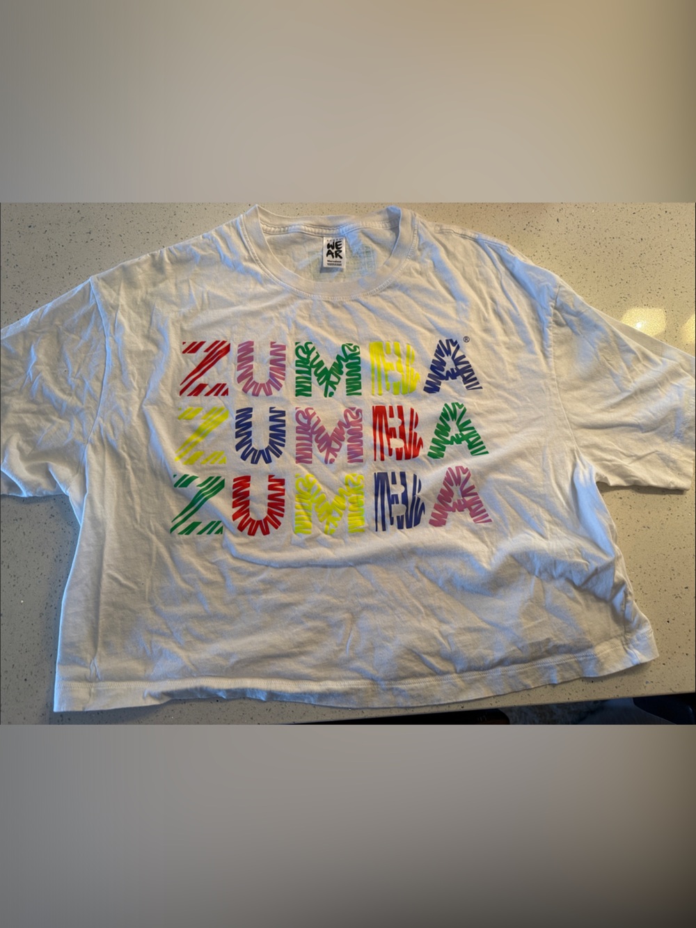 Zumba Fitness White Crop Tee with Multicolor Zebra Print
